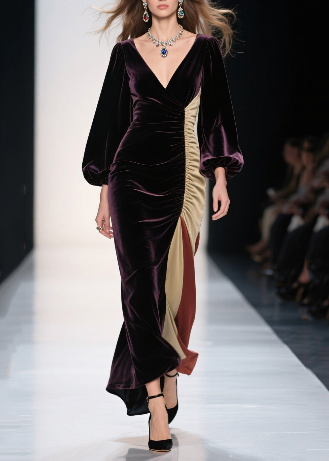 Velvet Wrap V-Neck Bishop Sleeve Ruched Side High Split Maxi Gown - View 5