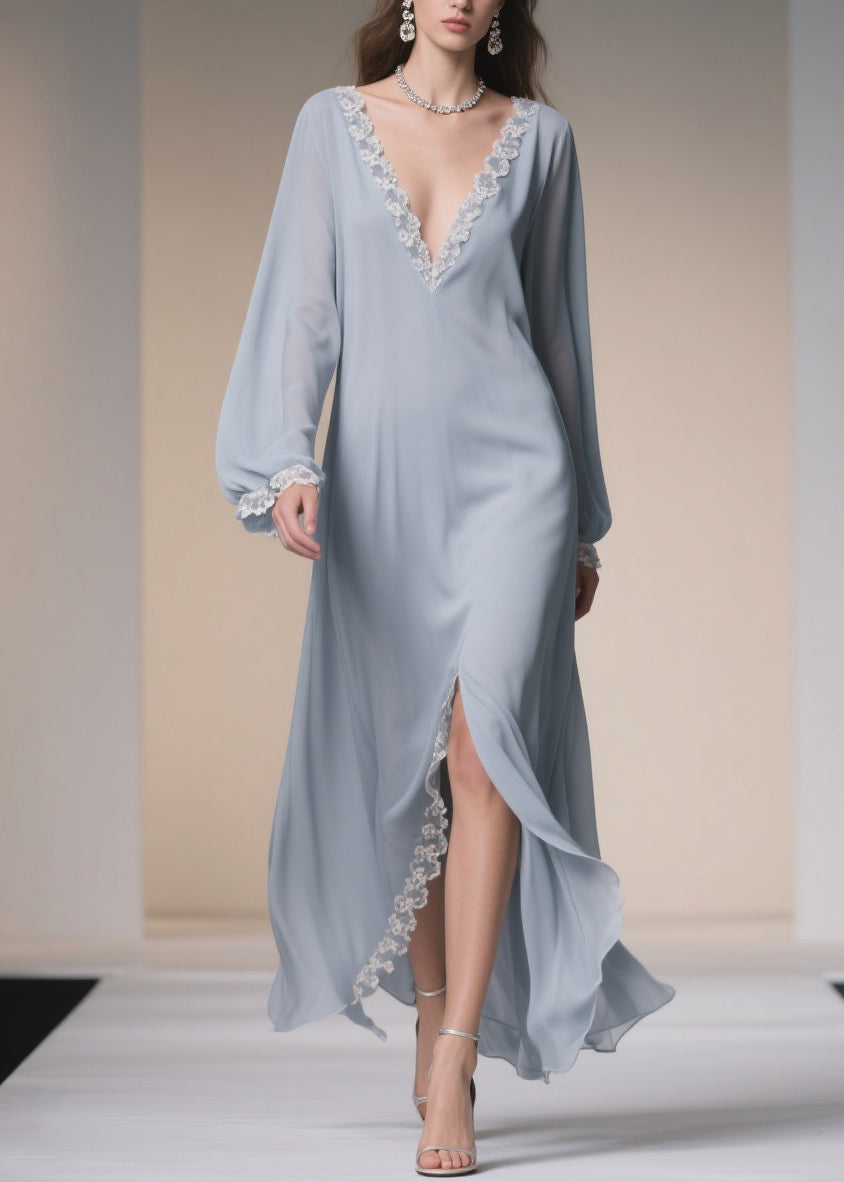 Chiffon Deep V-Neck Lantern Sleeve Lace Trim High Split Maxi Gown - View 3