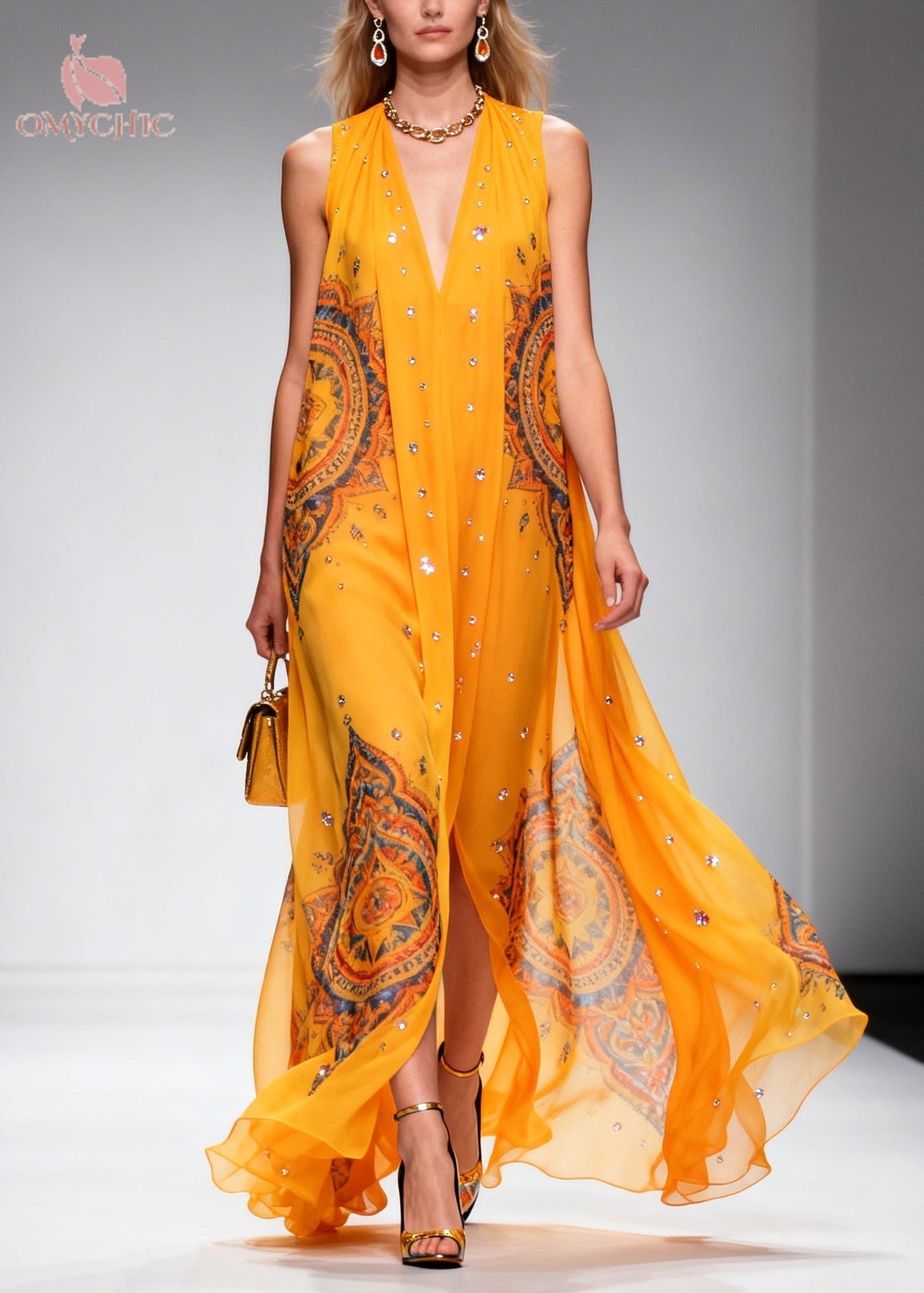 Deep V-Neck Sleeveless Rhinestone Chiffon Flowy Maxi Dress - View 5