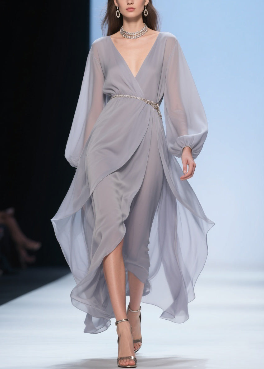 Chiffon Wrap Deep V-Neck Balloon Sleeve Beaded Belt High Low Maxi Gown - View 5