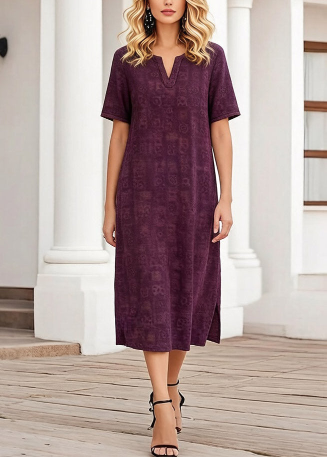 Geometric Print Split Neck Short Sleeve Side Slit Shift Midi Dress - View 5