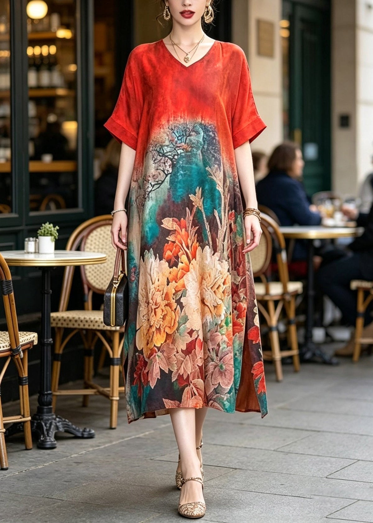 Floral Print V-Neck Short Sleeve Side Slit Relaxed Fit Midi Dress - View 5