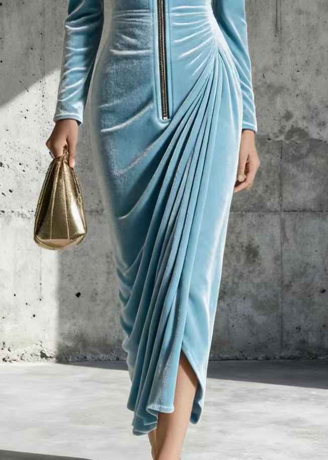 Plus Size Sky Blue Zip Up Wrinkled Silk Velvet Maxi Dresses Spring - View 4