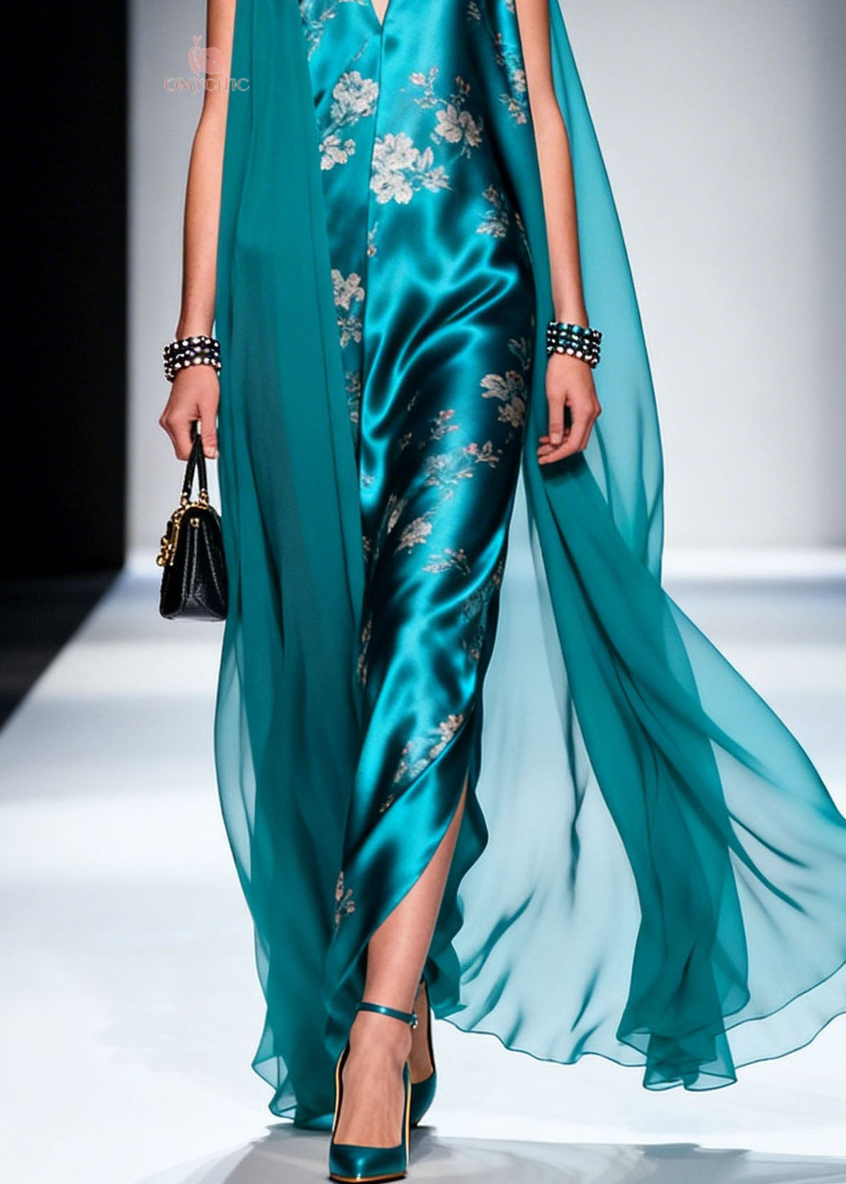 Floral Print Satin Deep V-Neck Sleeveless Front Slit Maxi Gown - View 4