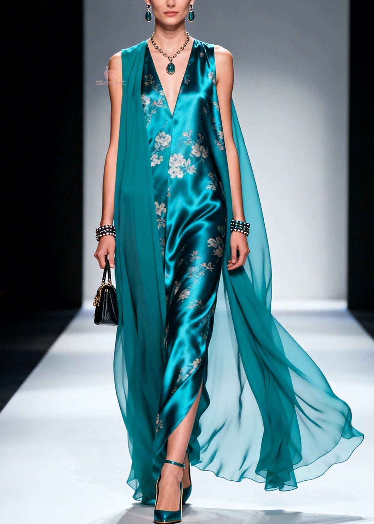 Floral Print Satin Deep V-Neck Sleeveless Front Slit Maxi Gown - View 5