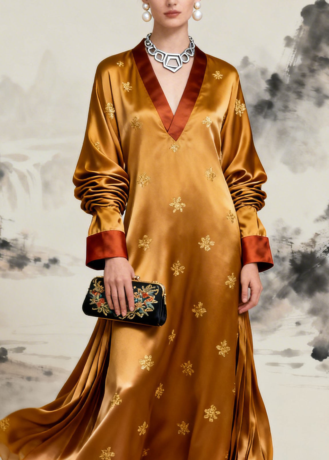 Satin Embroidered Deep V-Neck Contrast Cuff Long Sleeve Maxi Gown - View 2