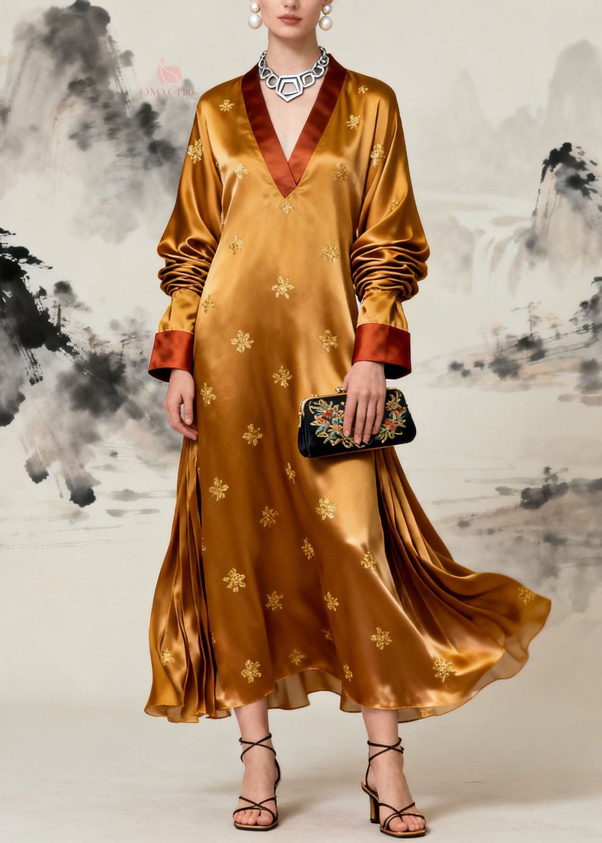 Satin Embroidered Deep V-Neck Contrast Cuff Long Sleeve Maxi Gown - View 3