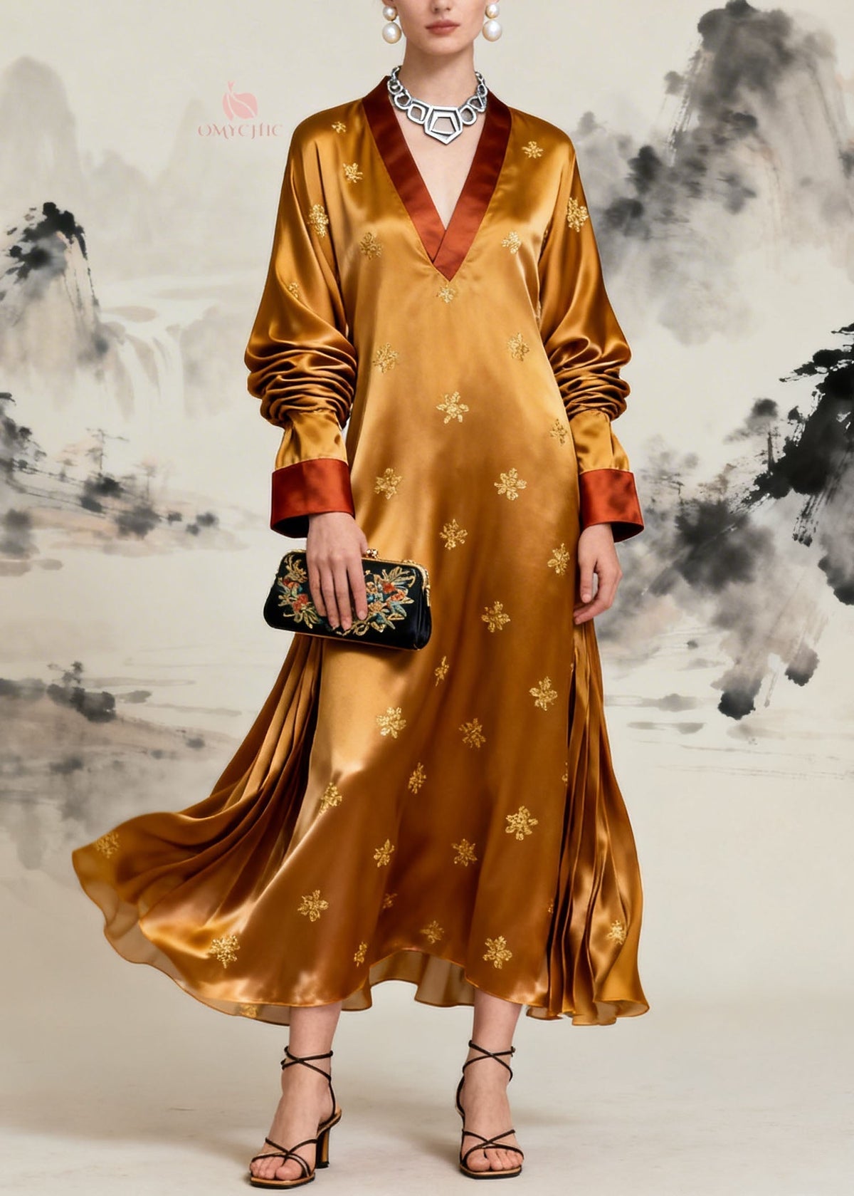 Satin Embroidered Deep V-Neck Contrast Cuff Long Sleeve Maxi Gown - View 5