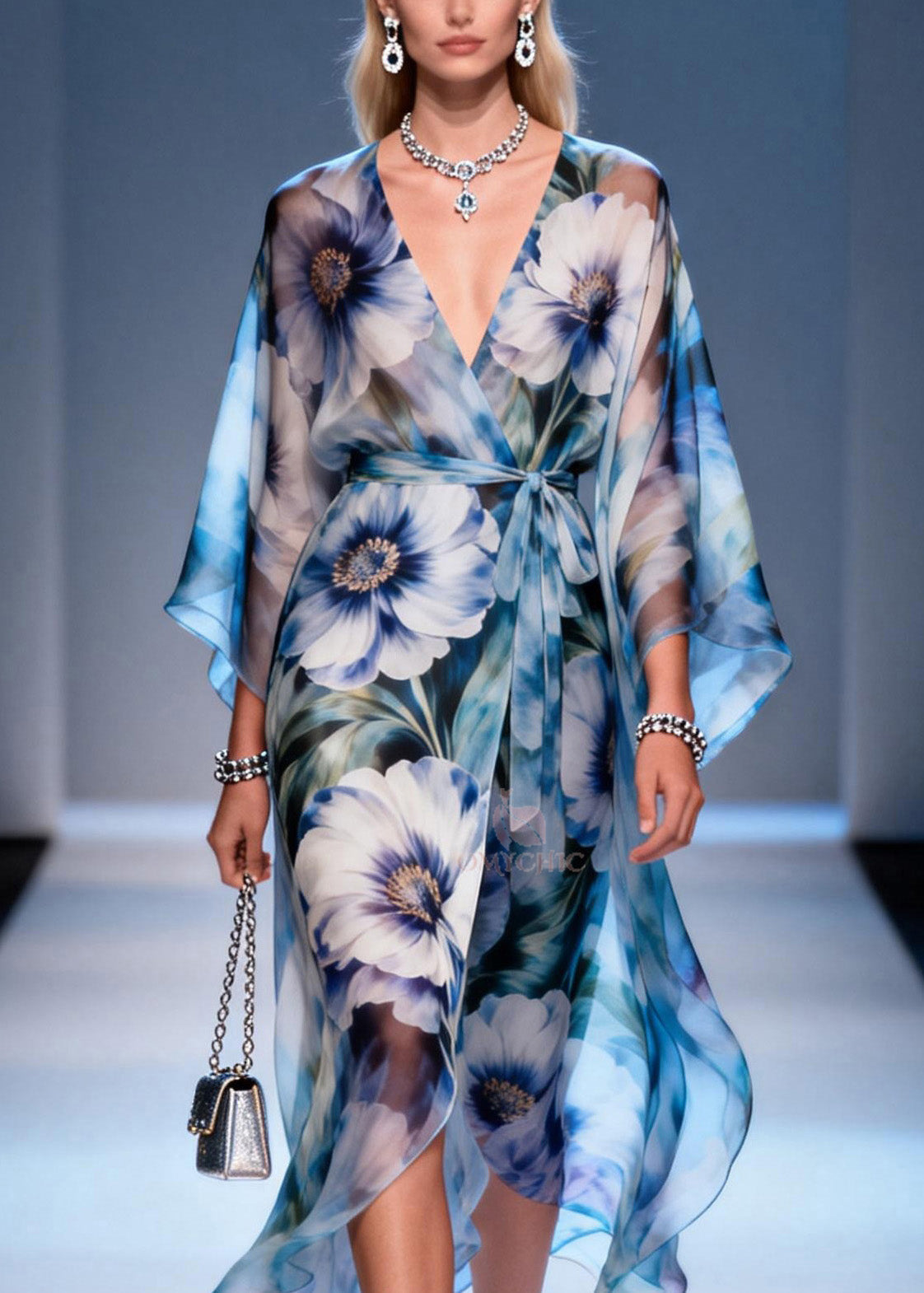 Floral Print Wrap Front Kimono Sleeve Tie Waist Maxi Dress - View 2