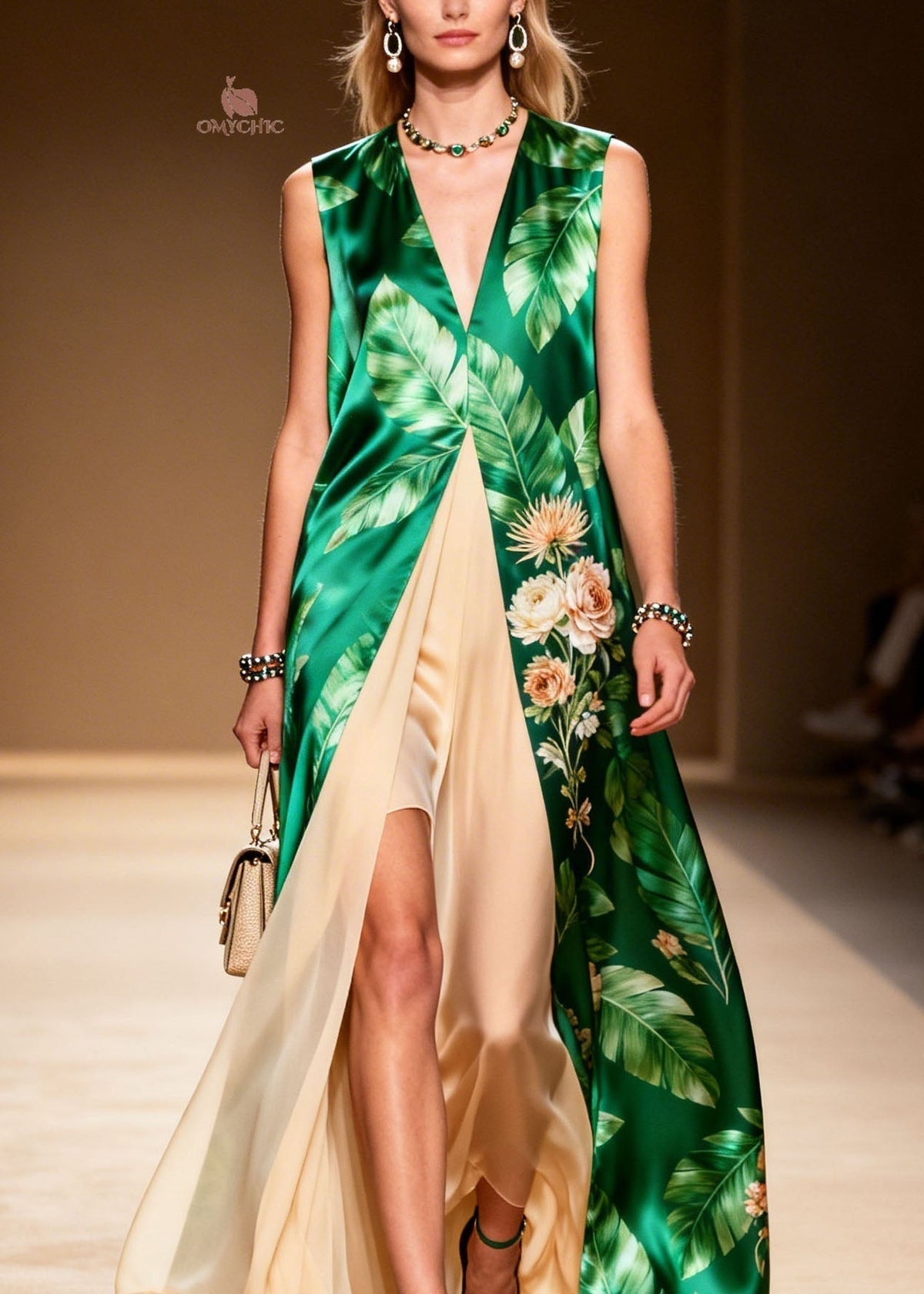 Satin Tropical Floral Deep V-Neck Sleeveless Faux Maxi Dress - View 2