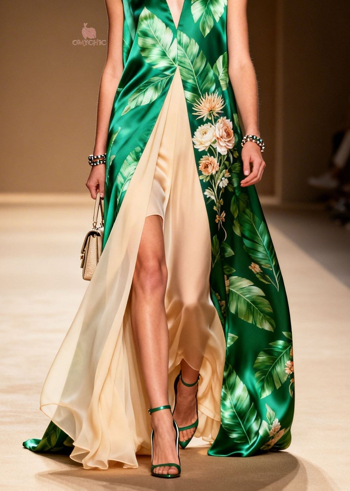 Satin Tropical Floral Deep V-Neck Sleeveless Faux Maxi Dress - View 4