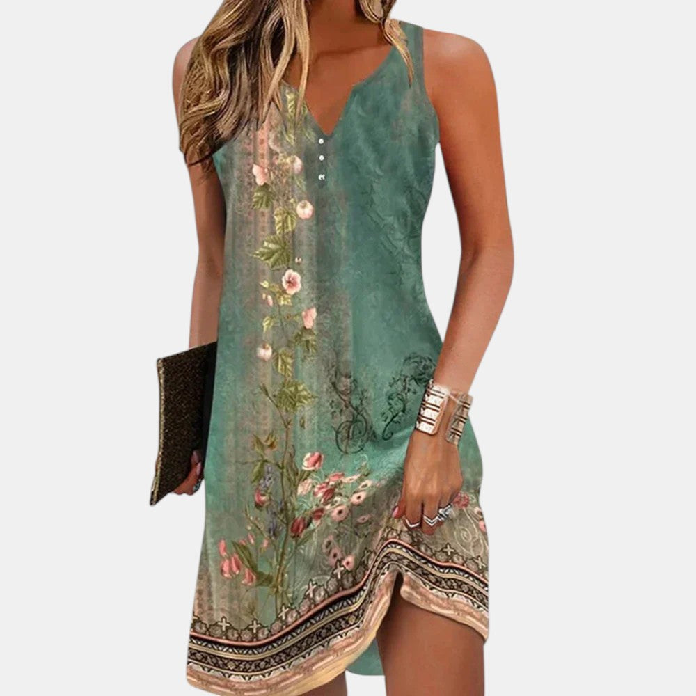 Floral Print V-Neck Sleeveless Border Hem Midi Dress