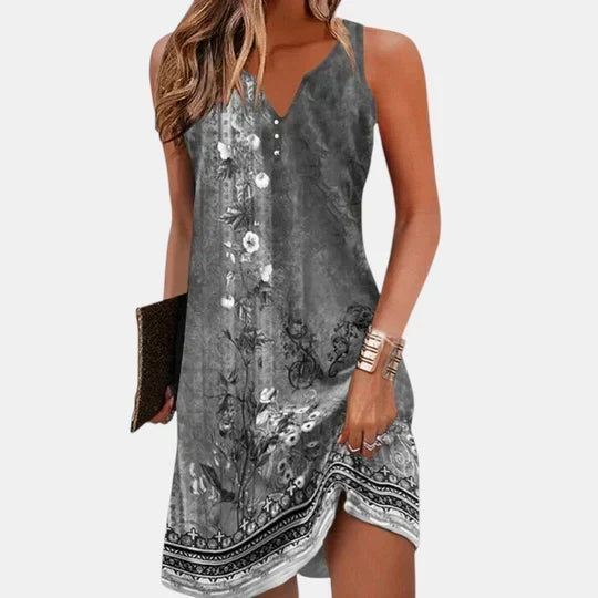 Floral Border Print V-Neck Sleeveless A-Line Dress 3