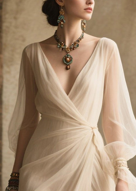 Chiffon Wrap V-Neck Bishop Puff Sleeve Draped Waist Maxi Gown - View 2