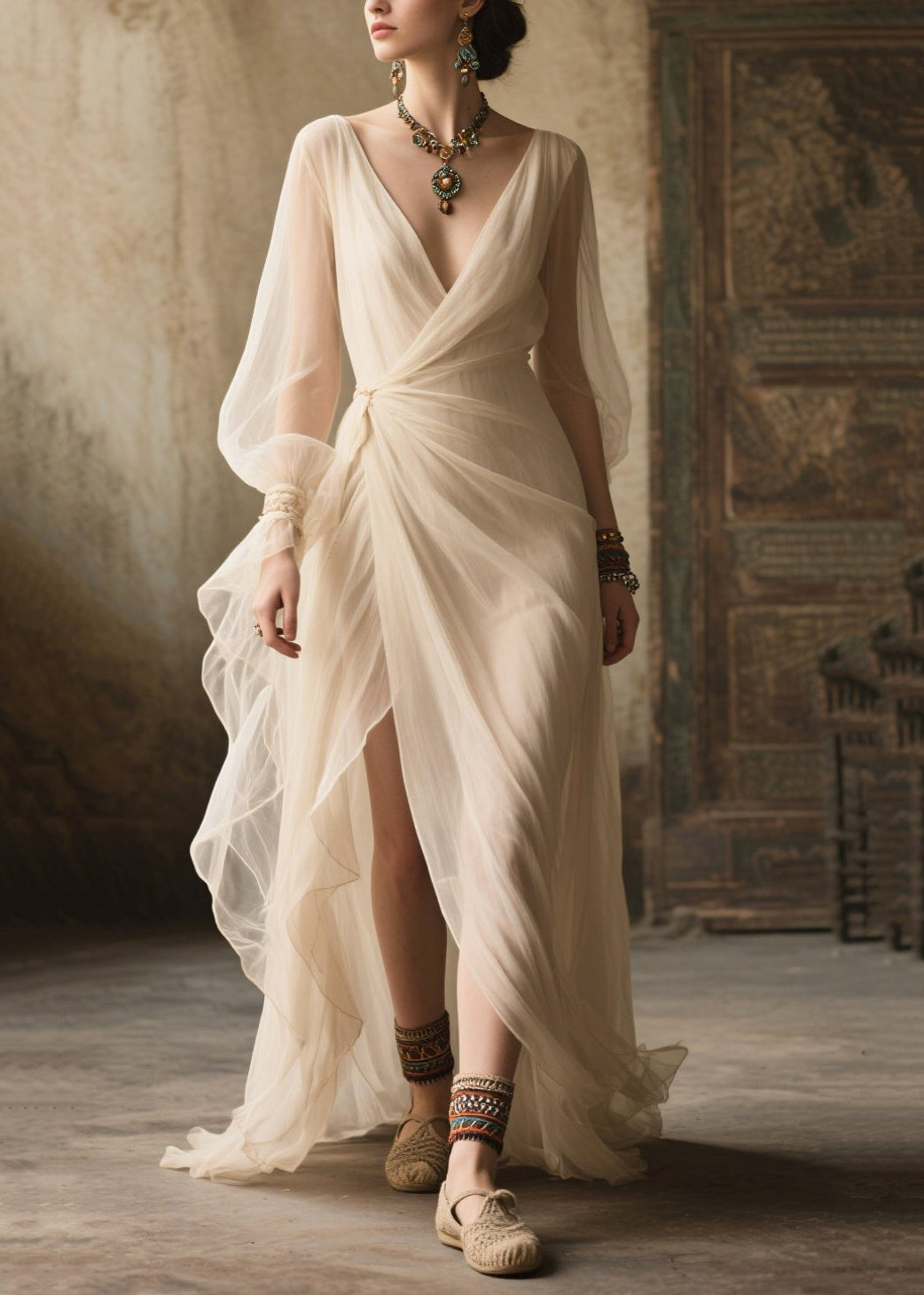 Chiffon Wrap V-Neck Bishop Puff Sleeve Draped Waist Maxi Gown - View 3