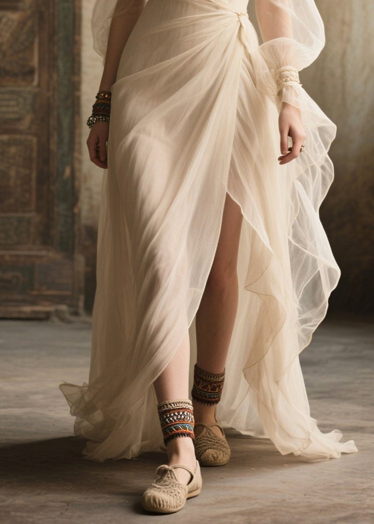 Chiffon Wrap V-Neck Bishop Puff Sleeve Draped Waist Maxi Gown - View 4