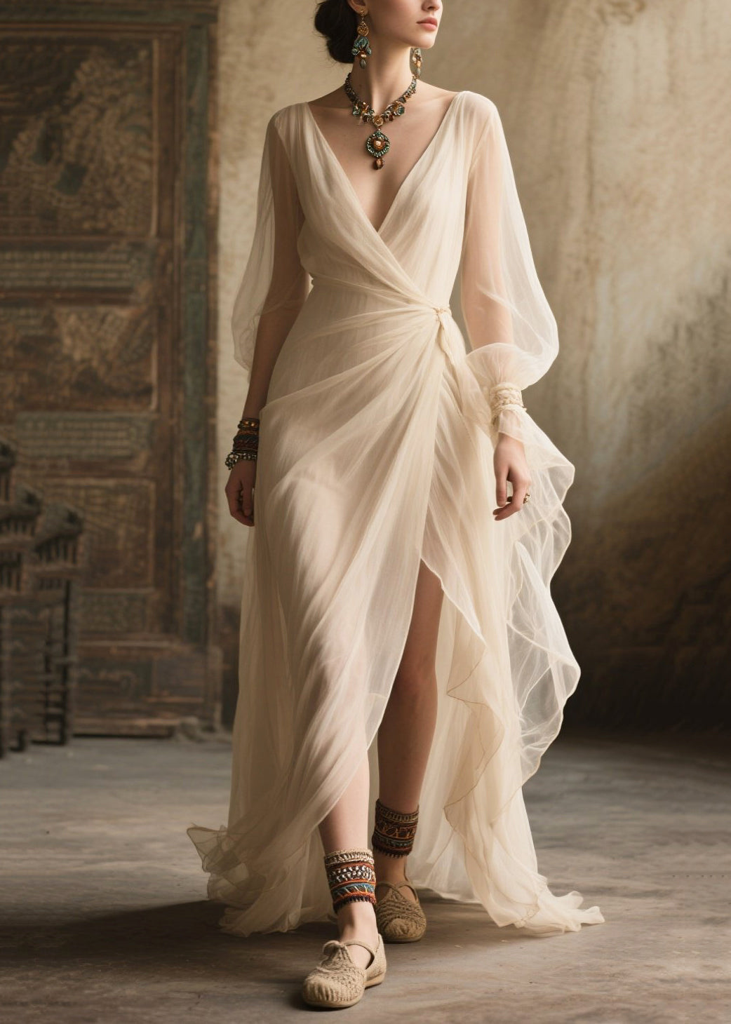 Chiffon Wrap V-Neck Bishop Puff Sleeve Draped Waist Maxi Gown - View 5