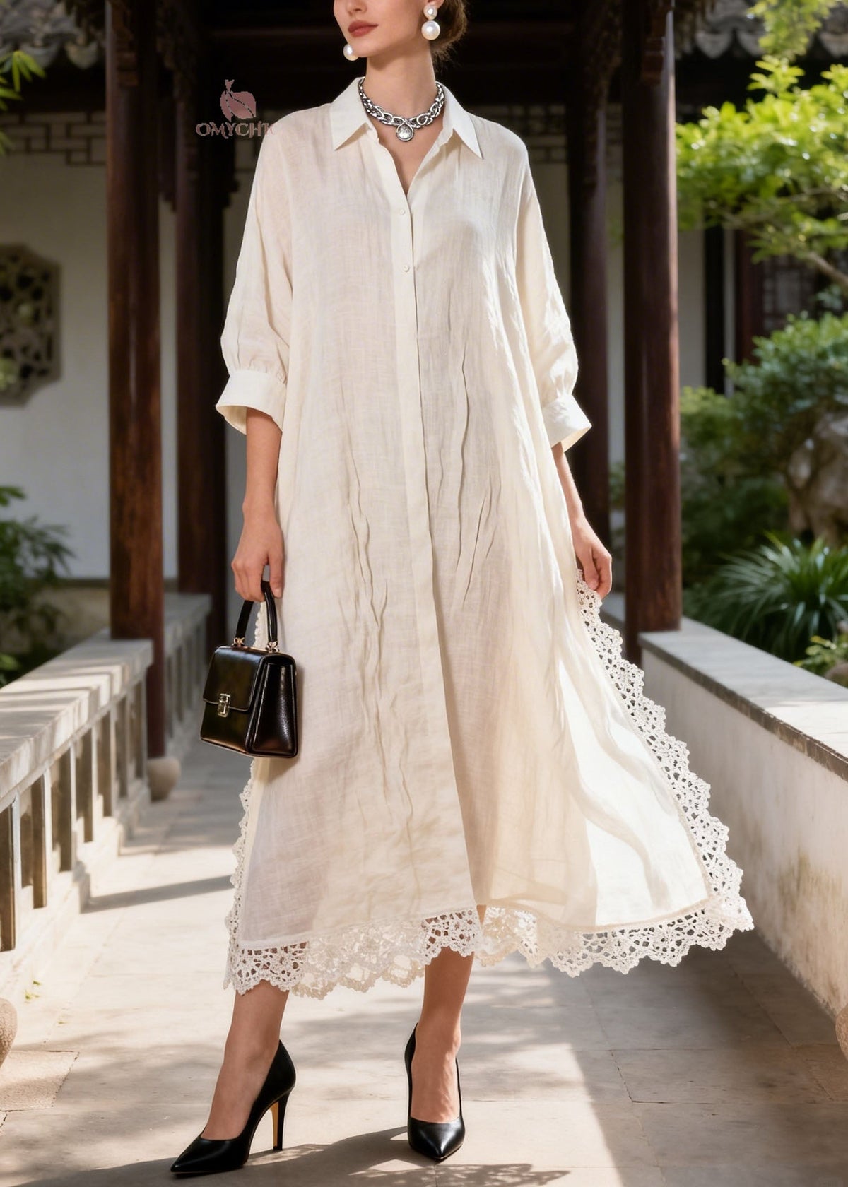 Woven Peter Pan Collar Button Front Lace Trim Shirt Maxi Dress