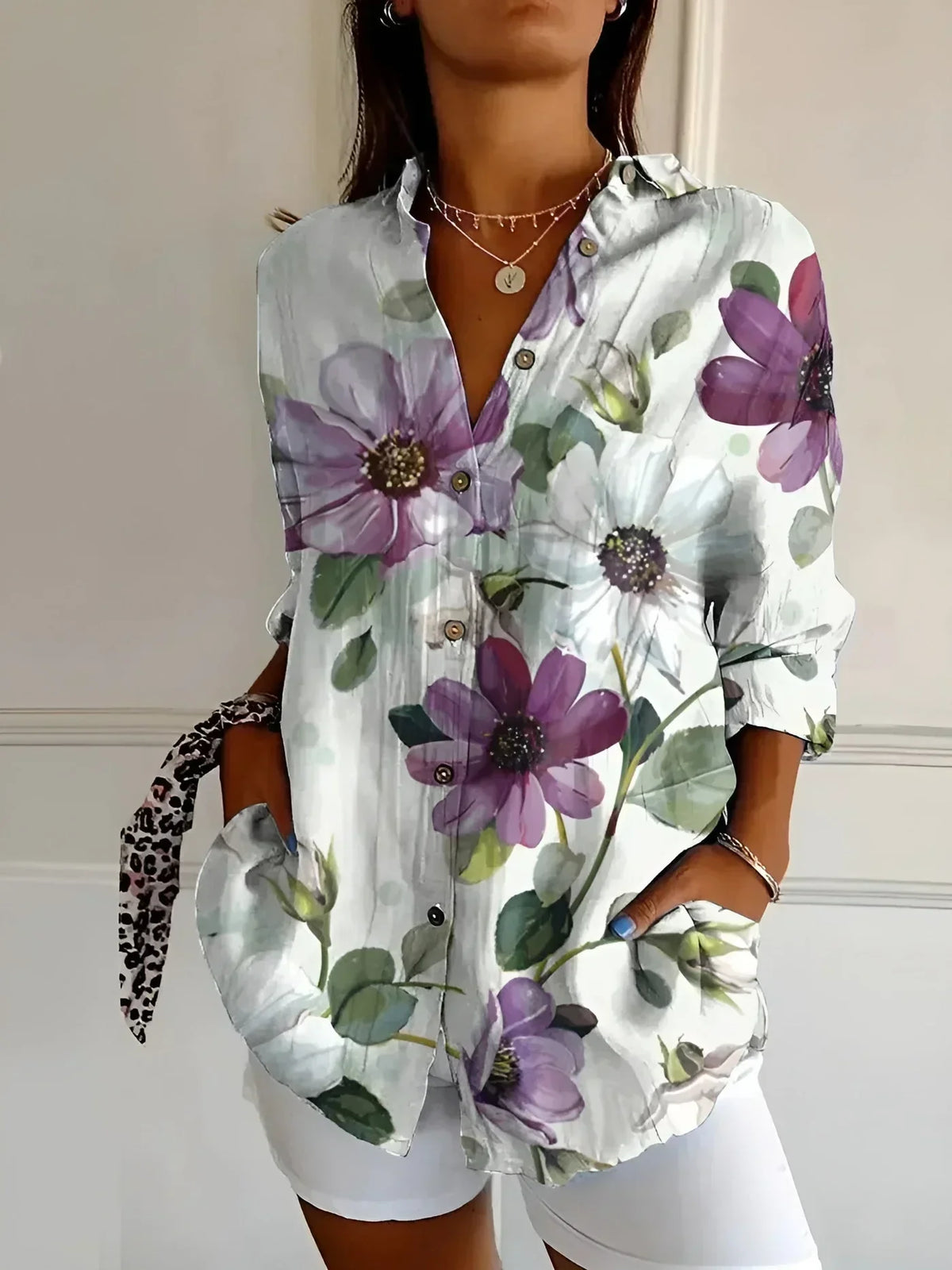 Floral Patchwork Print Collared Long Sleeve Shirt 3