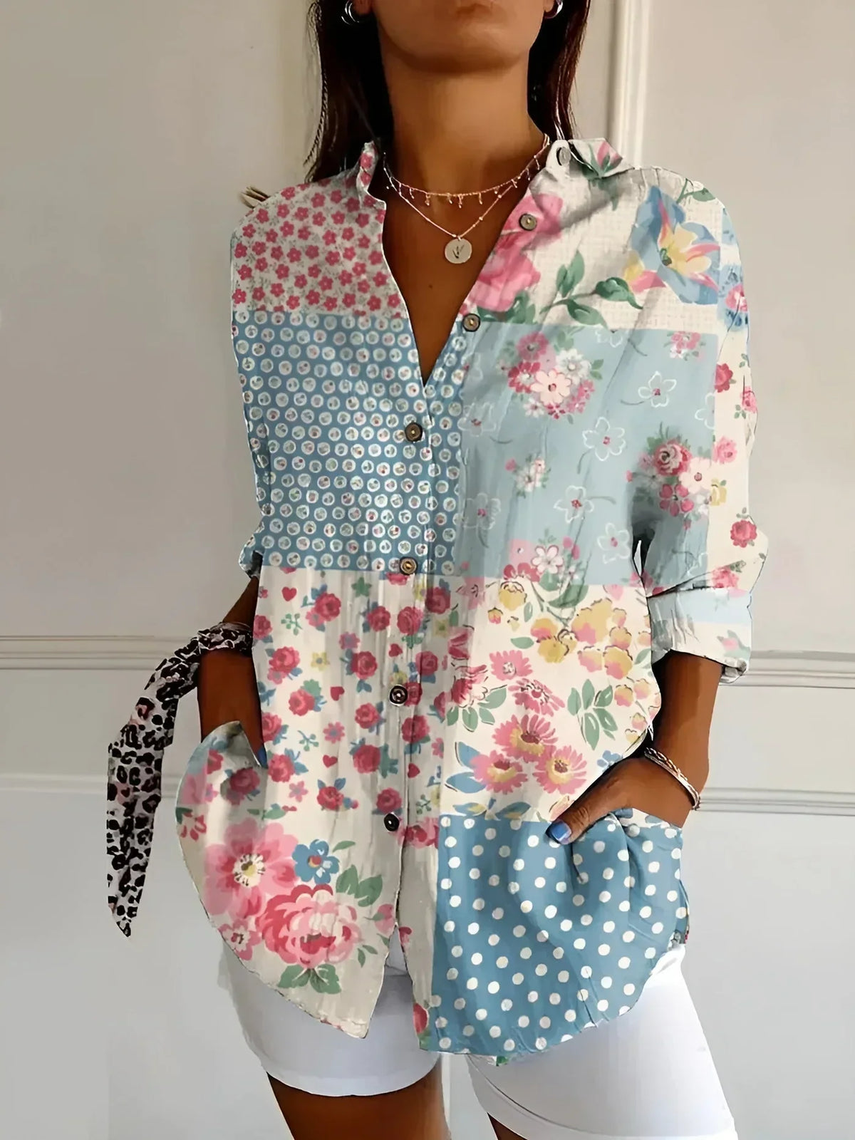 Floral Patchwork Print Collared Long Sleeve Shirt