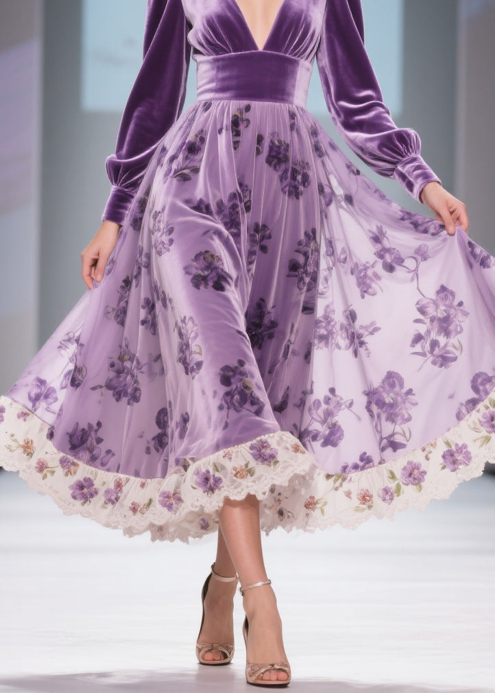 Velvet Deep V-Neck Bishop Sleeve Burnout Floral Midi Dress - View 4