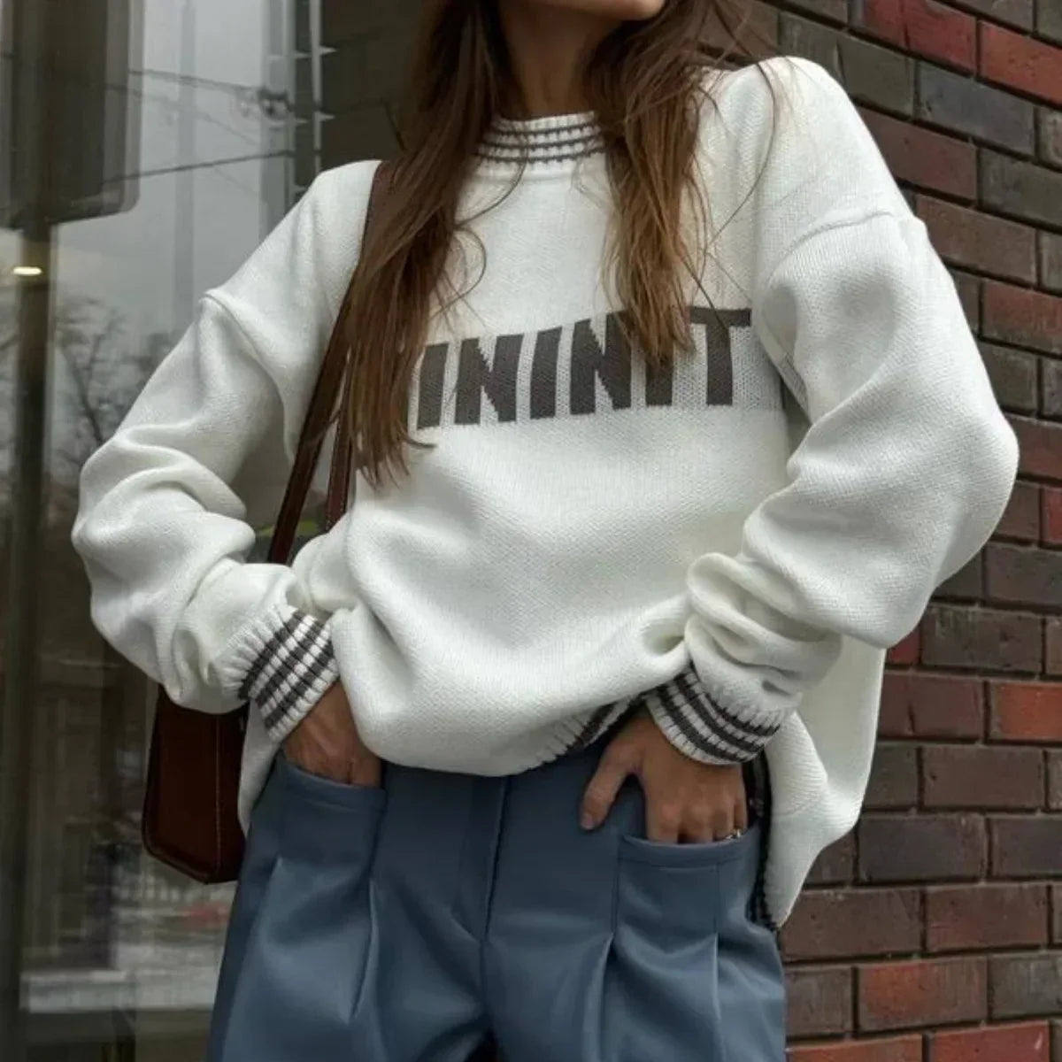 Printed Striped Cozy Stylish Loose Round Neck Comfortable Trendy Autumn Sweater White / S Sweaters-L