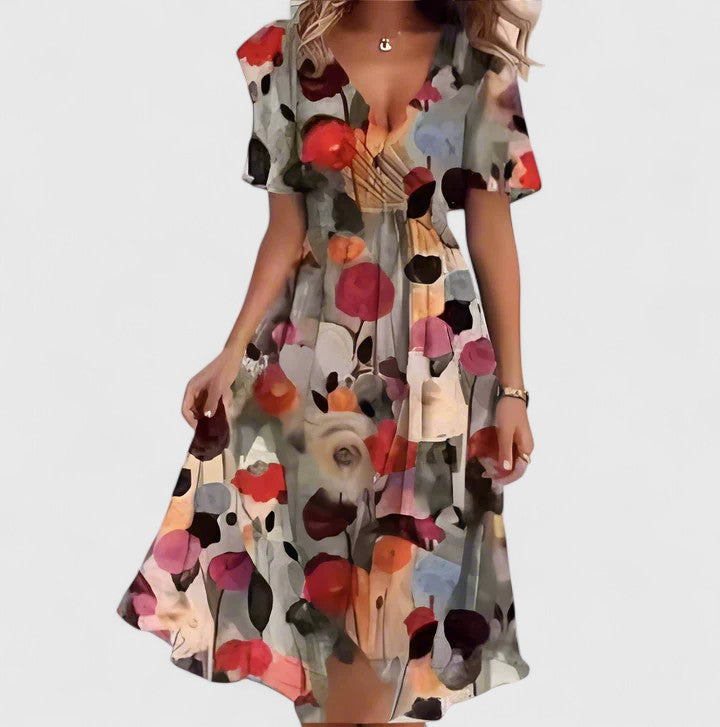 Abstract Print V-Neck Short Sleeve Wrap Midi Dress 4