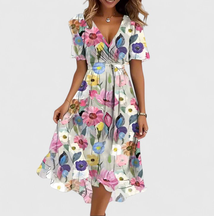 Abstract Print V-Neck Short Sleeve Wrap Midi Dress 5