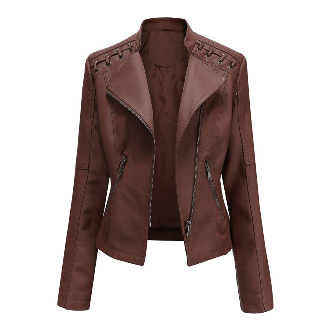 Zip Front Stand Collar Faux Leather Moto Jacket 2