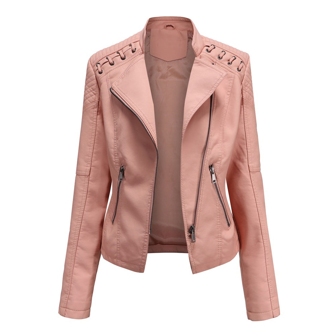 Zip Front Stand Collar Faux Leather Moto Jacket 6
