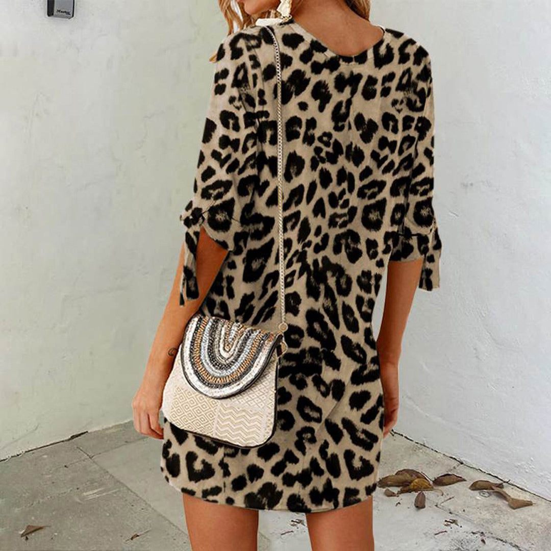 Leopard Print Tie Cuff Three Quarter Sleeve Shift Mini Dress