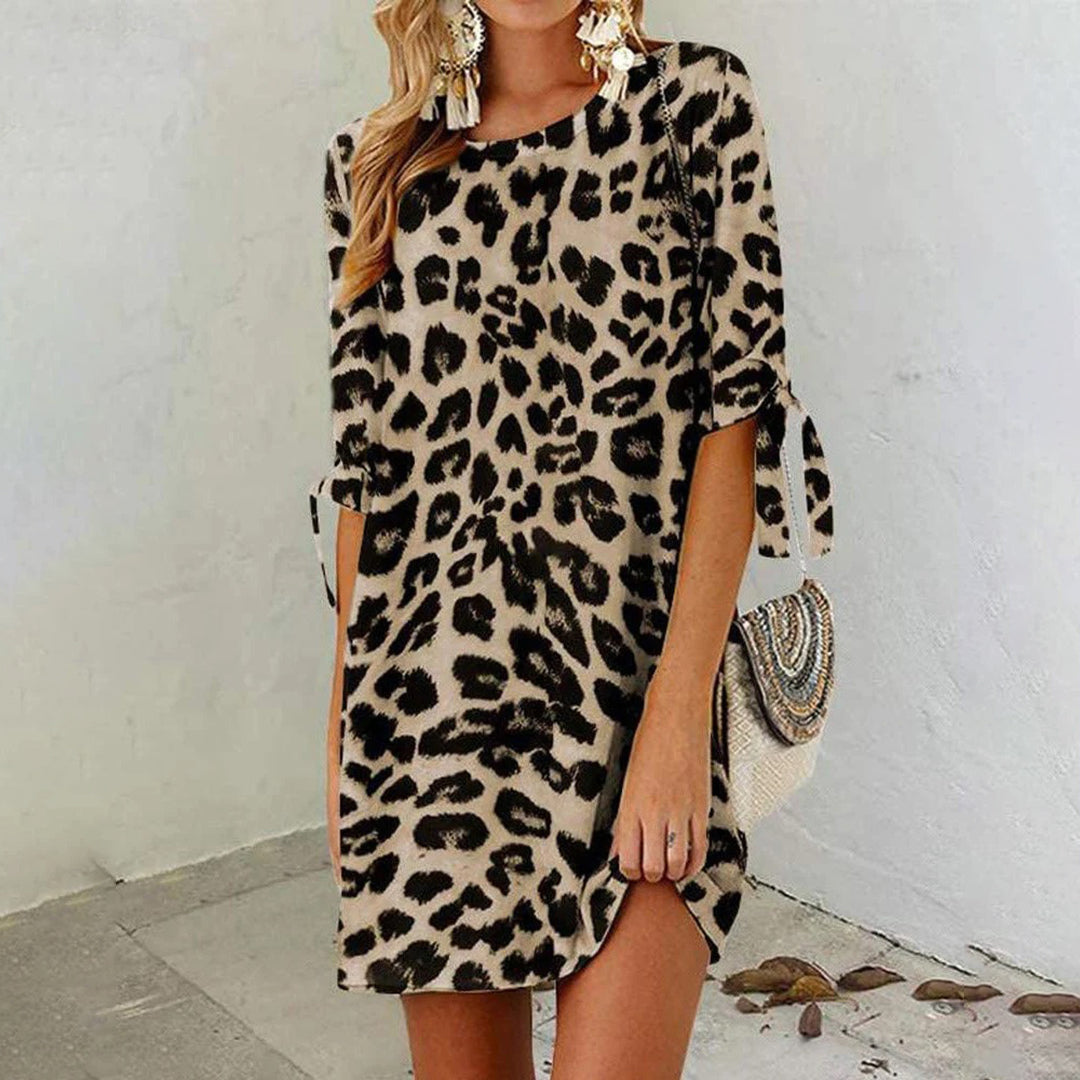 Leopard Print Tie Cuff Three Quarter Sleeve Shift Mini Dress - View 4