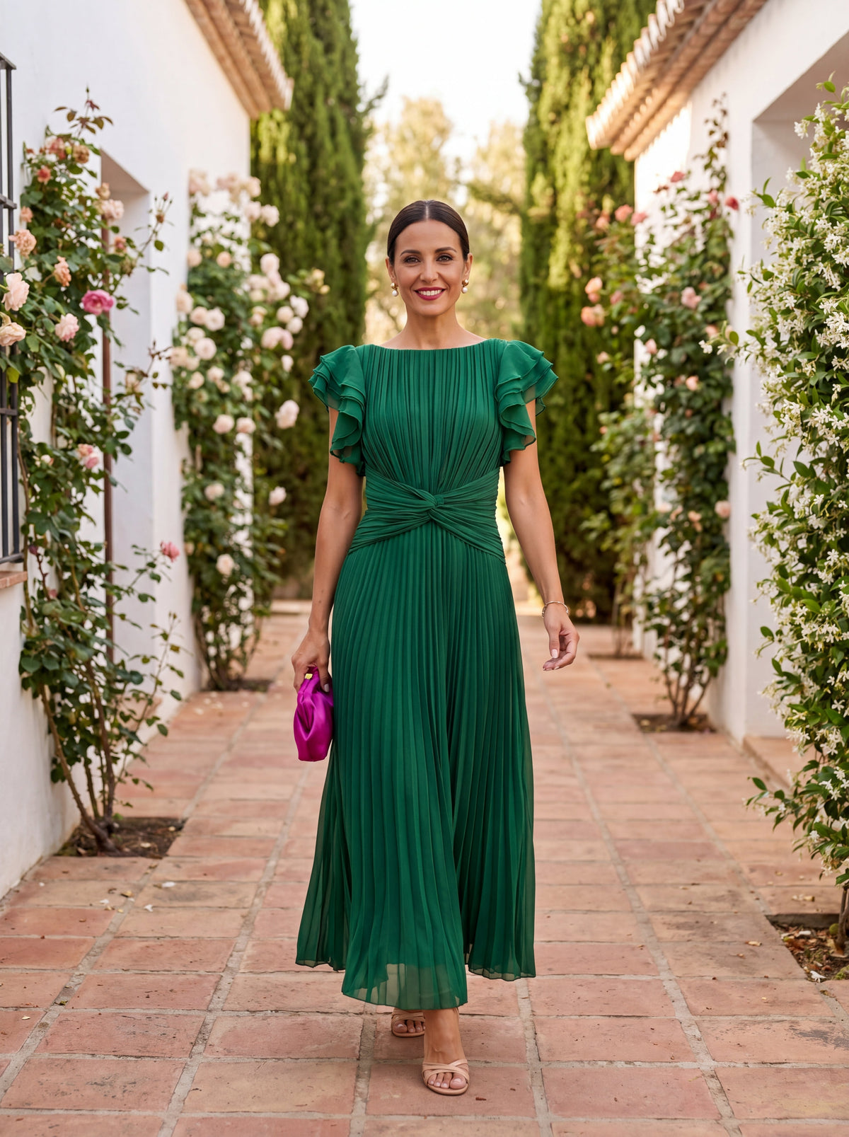Pleated Boat Neck Flutter Sleeve Twist Waist Midi Dress 8