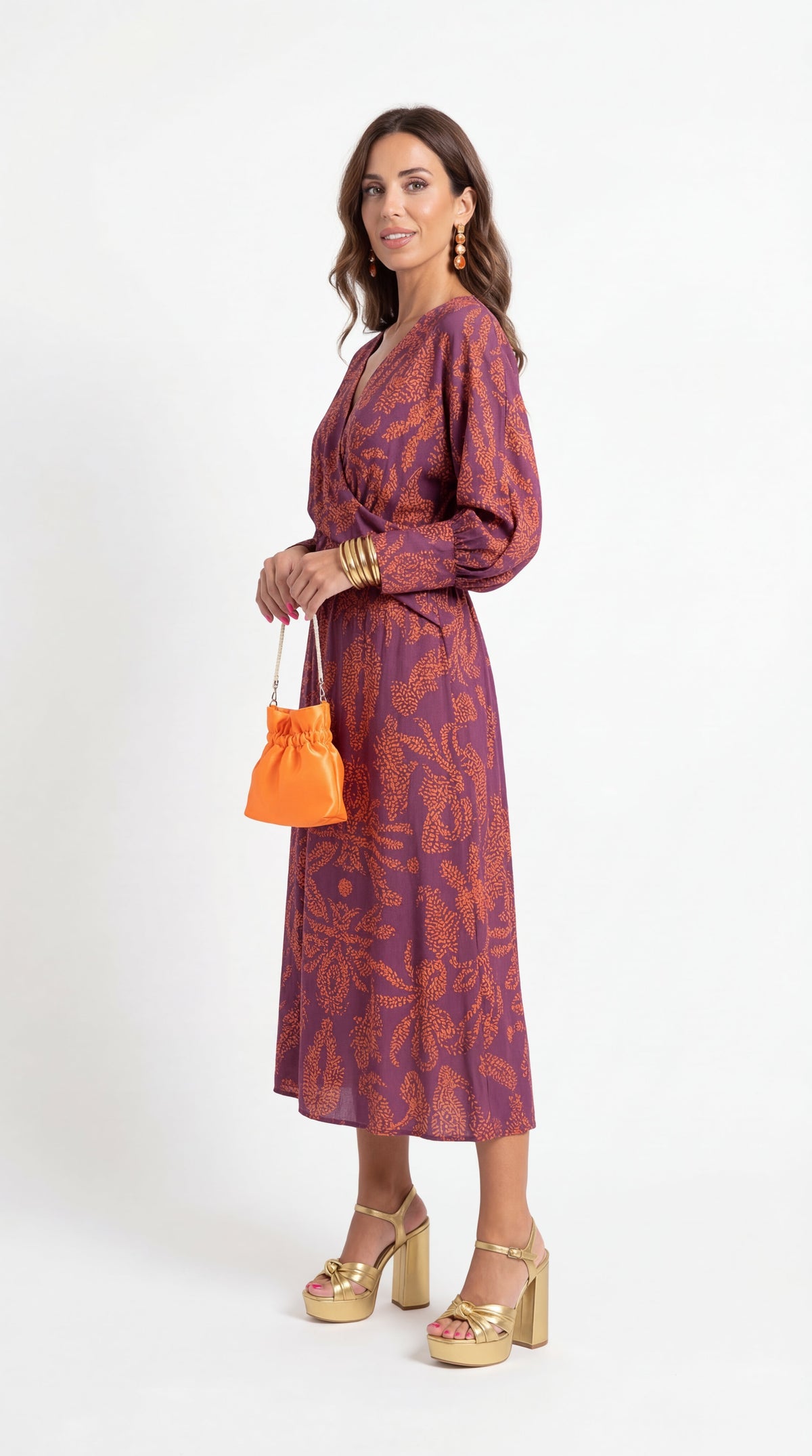 Deep V-Neck Long Sleeve Twist Front Printed Midi Dress 5