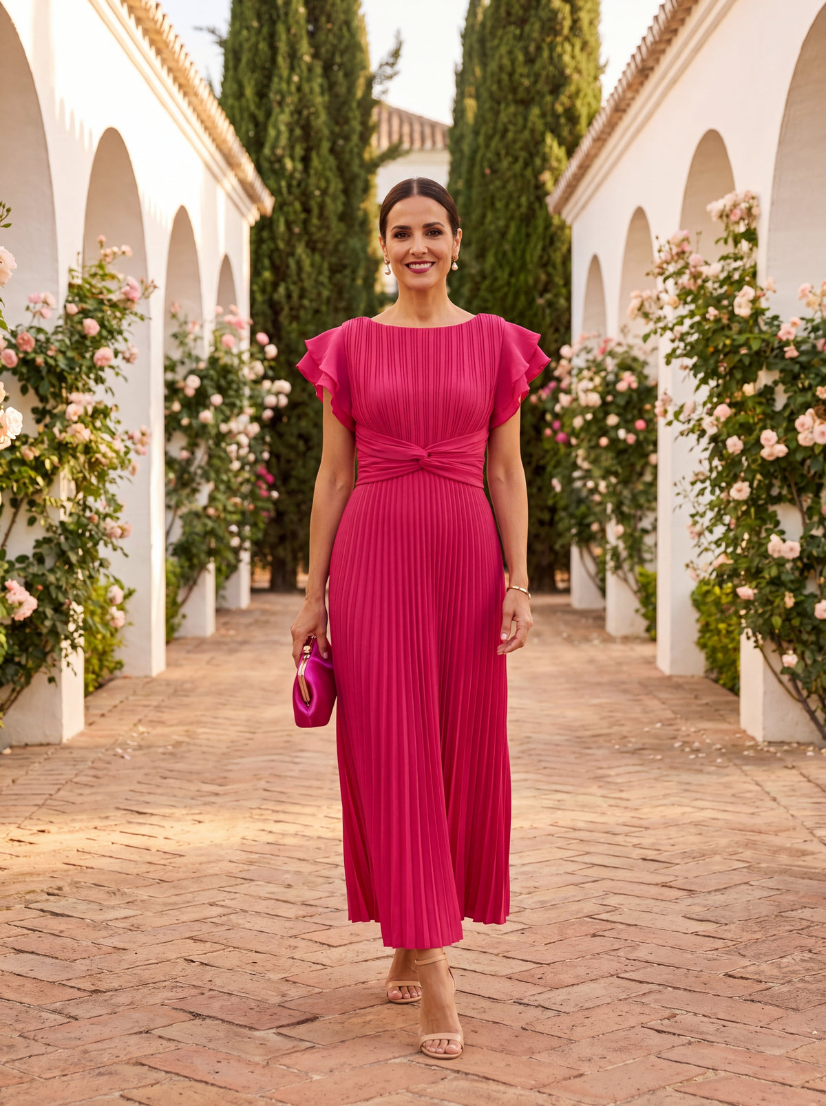 Pleated Boat Neck Flutter Sleeve Twist Waist Midi Dress 3