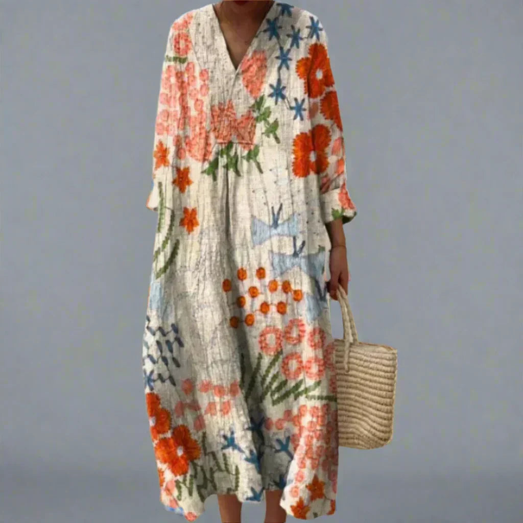 V-Neck Long Sleeve Folk Floral Print Maxi Dress