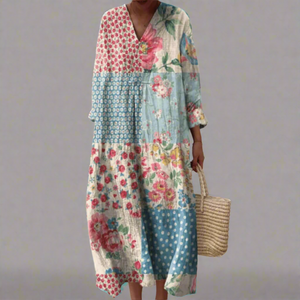 Floral Patchwork Print V-Neck Long Sleeve Tiered Maxi Dress