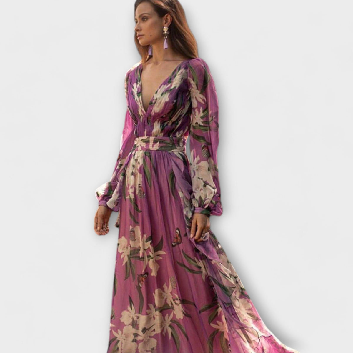 Floral Deep V-Neck Long Sleeve High Waist Maxi Gown