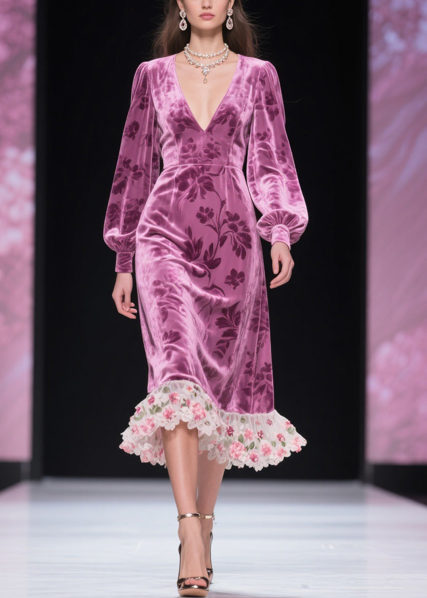 Burnout Floral Velvet Deep V-Neck Bishop Sleeve Lace Ruffle Midi Dress