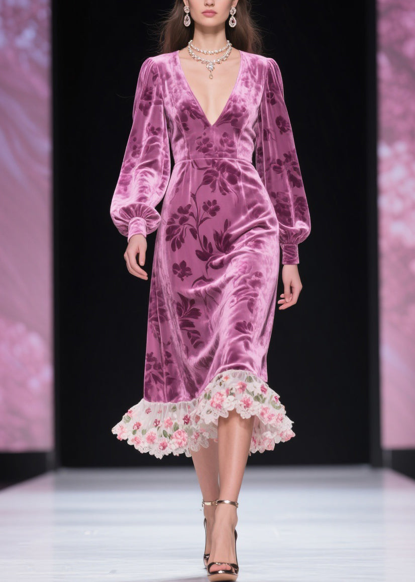 Burnout Floral Velvet Deep V-Neck Bishop Sleeve Lace Ruffle Midi Dress - View 3