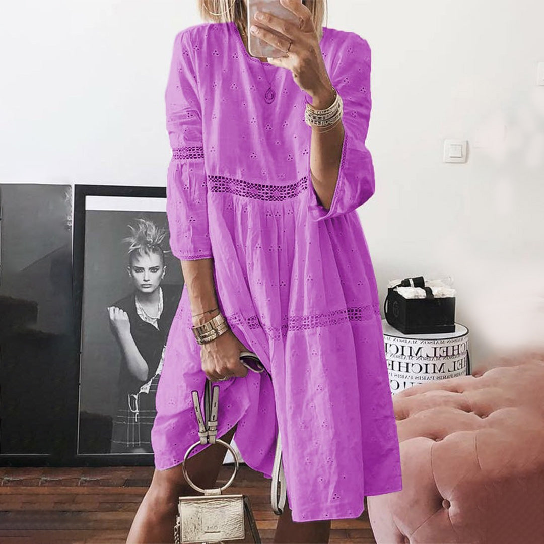 Eyelet Crochet Lace Insert Three Quarter Sleeve Smock Mini Dress - View 4