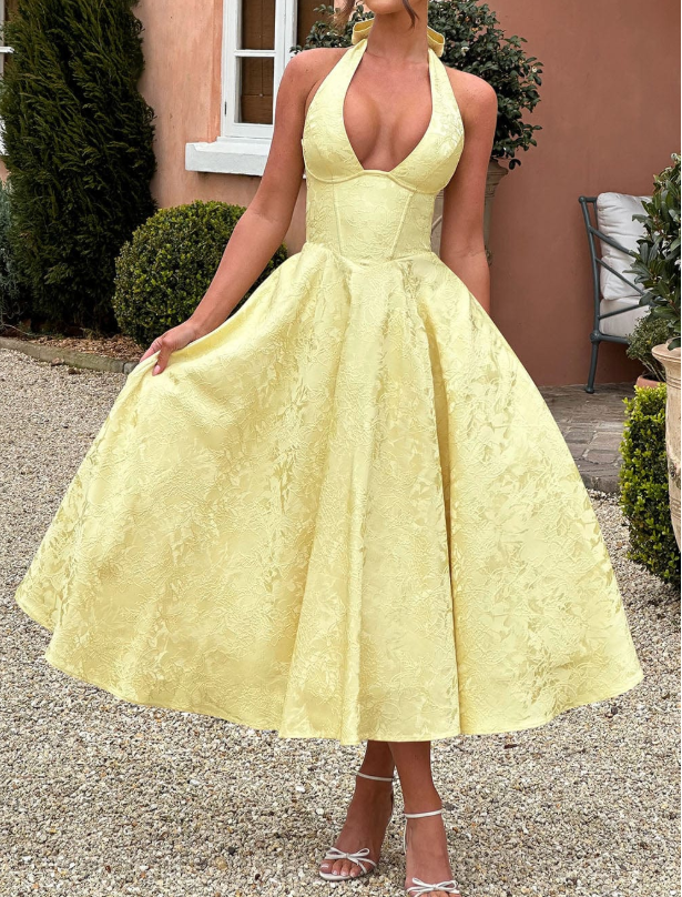Floral Jacquard Halter Neck Corset Bodice A-Line Midi Dress