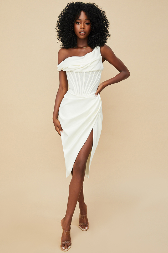 Satin One Shoulder Corset High Split Draped Midi Dress in Ivory - View 14