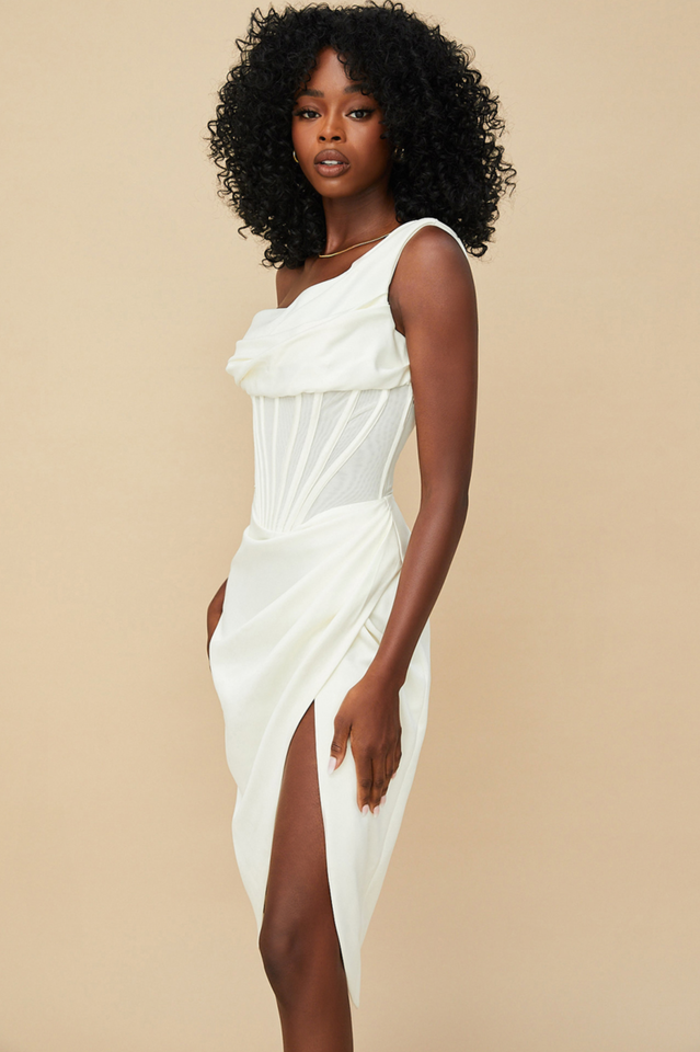 Satin One Shoulder Corset High Split Draped Midi Dress in Ivory - View 12