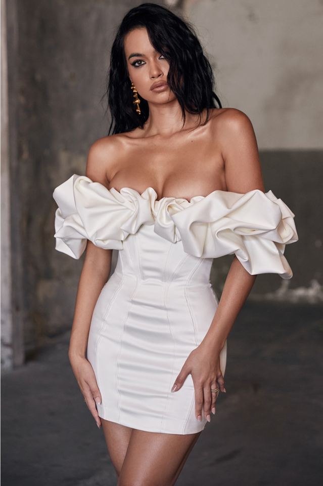 Satin Ruffle Strapless Dress in Black