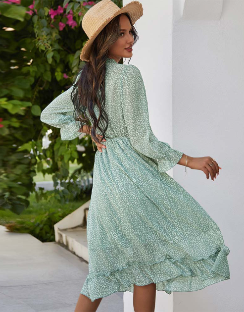 Spring V Neck Print Dress With Butterfly Sleeves And High Waist Ruffles In Chiffon Midi Length S /