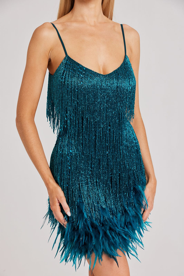 Yvonne Sequin Feather Cocktail Dress - View 13