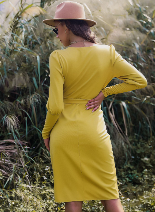 V-Neck Long Sleeve Tie Waist Wrap Midi Dress 5