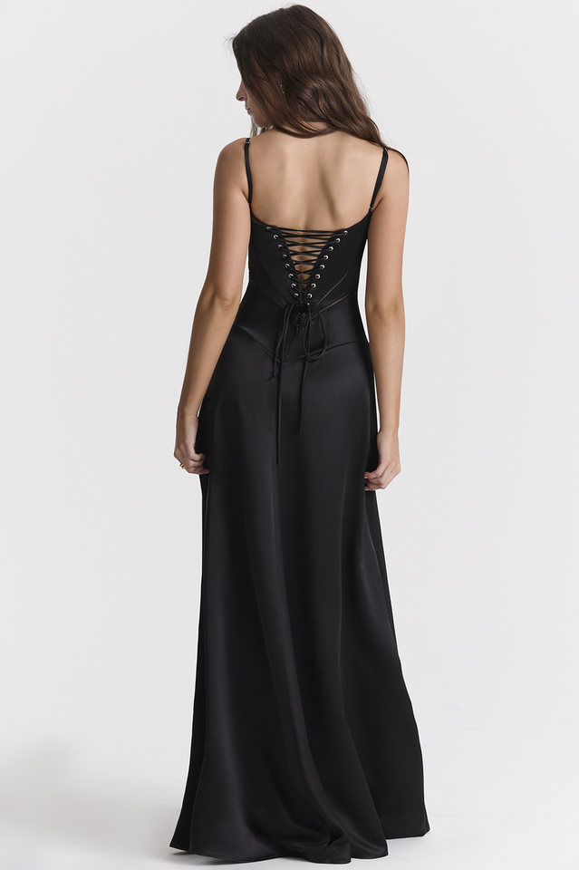 Anabella Black Lace Up Maxi Dress in Fuchsia - View 2