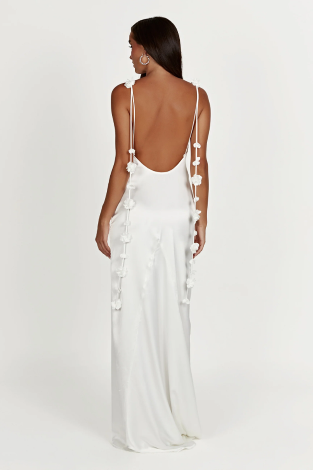 Spaghetti Strap Satin Low Back Floral Applique Tie Strap Maxi Gown - View 6
